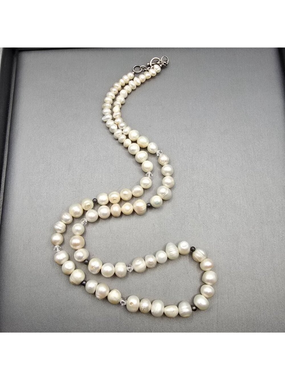 VTG White Graduated Baroque Pearl Necklace 22" Sterling Toggle Crystal Accents - Picture 13 of 13